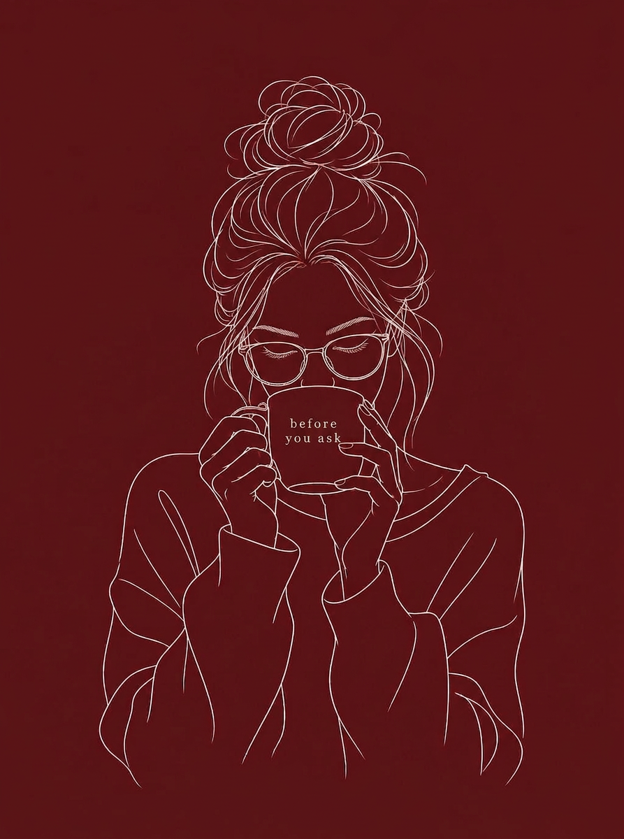 Marta sipping coffee, paused mid-thought